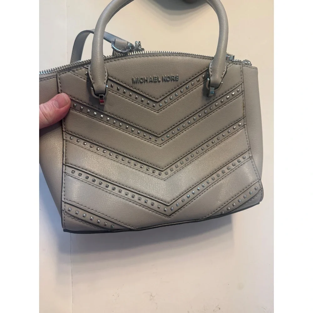 Michael Kors Grey Studded Chevron Quilted Small Satchel Crossbody Bag